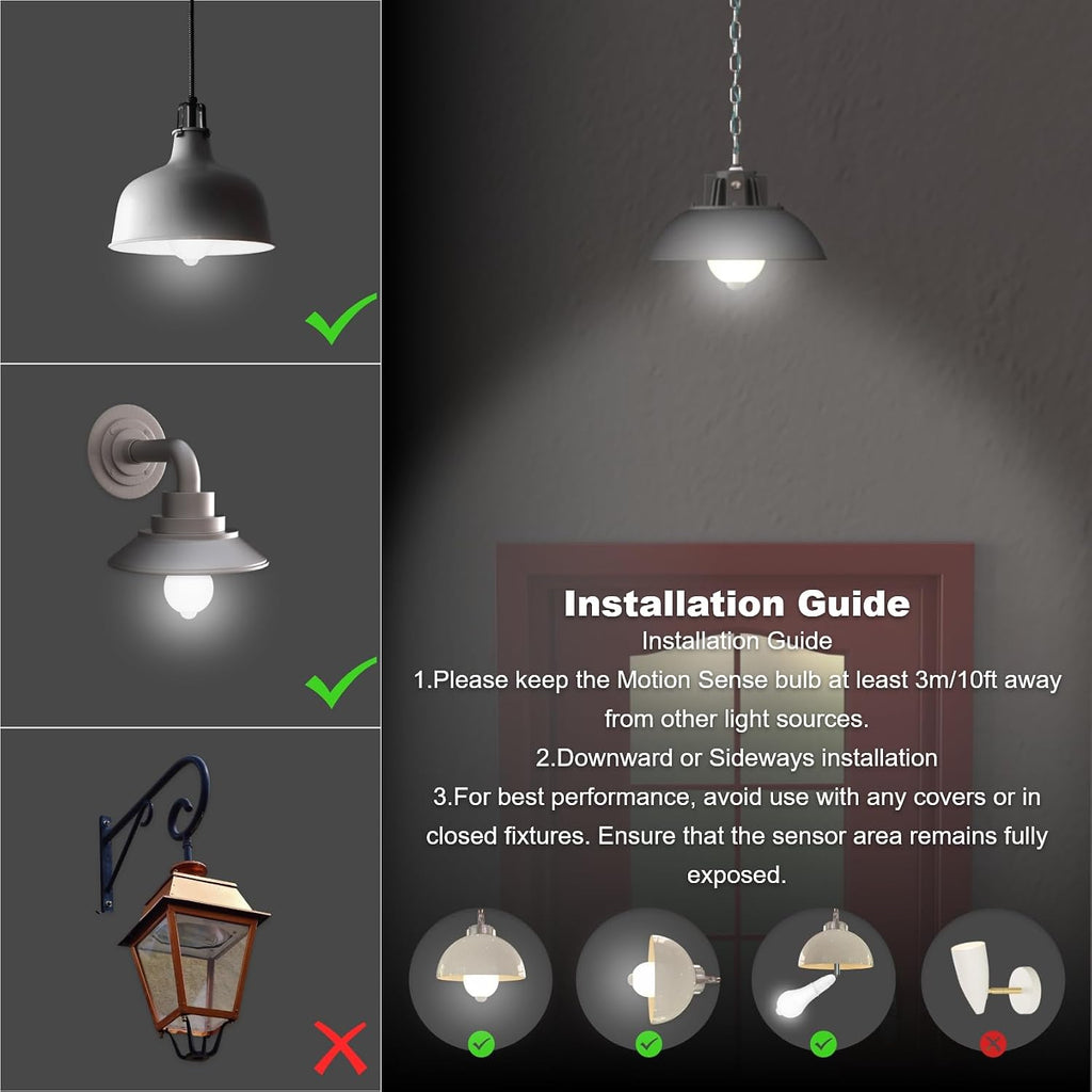 Motion Sensor Light Bulbs Indoor Outdoor 60 Watt 6000K, 2 Pack