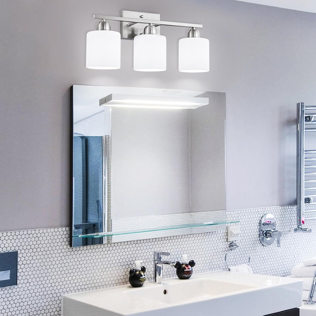 4 Light Bathroom Light Fixtures, Anti-Rust Finish Brushed Nickel Vanity Lights with Milky White Frosted Glass Shade