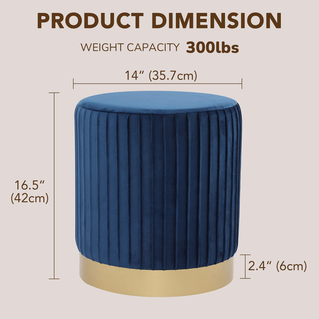 Round Velvet Ottoman, 16.5" H Footrest Stool with Gold Metal Base(Navy)