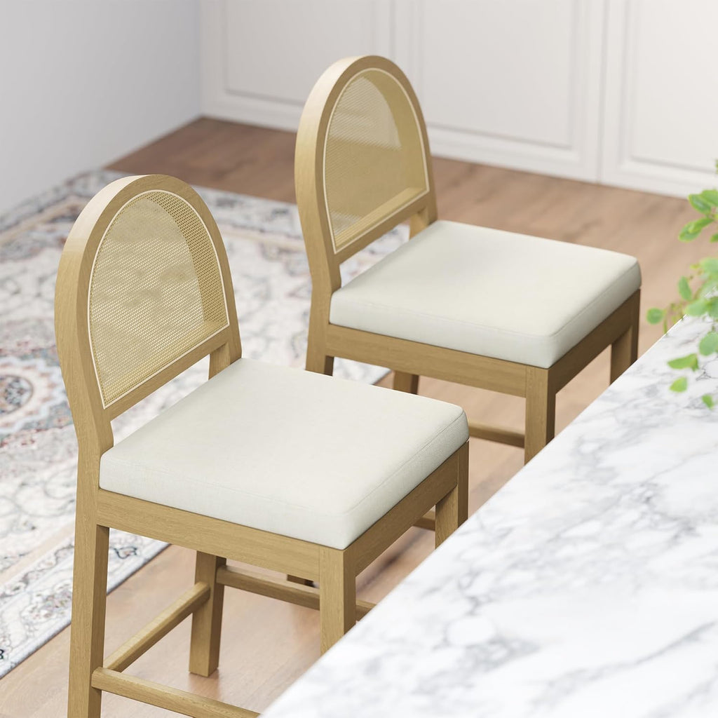 Upholstered Rattan Bar Stools Set of 4, Wooden Counter Height Stools with Natural Rattan Woven Back and Chenille