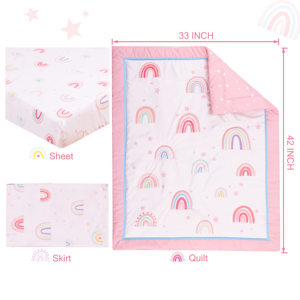 Crib Bedding Set for Girls 3 Piece Baby Bedding Sets Pink Rainbow