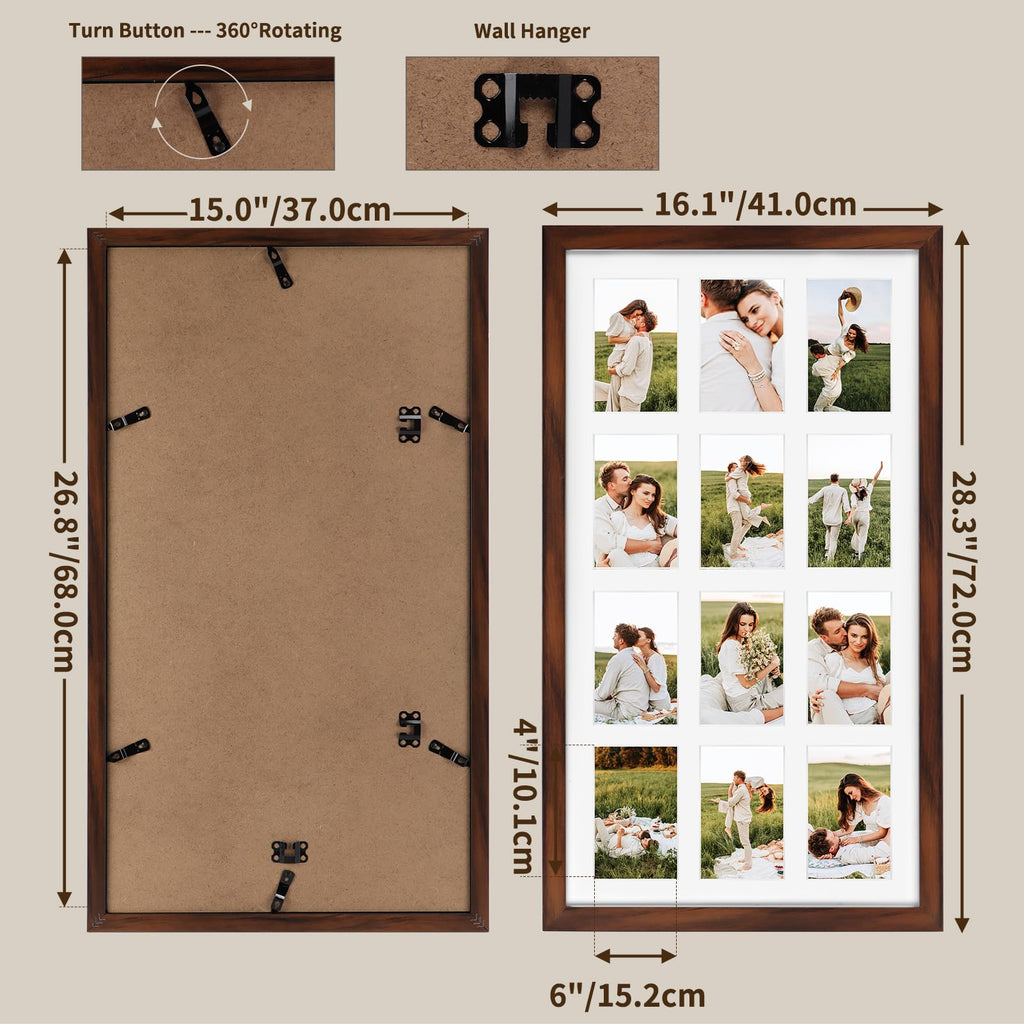 12 Opening 4x6 Collage Picture Frames Set of 2, Rustic Brown Multiple Frames for Displaying 6x4 Photos with Mat