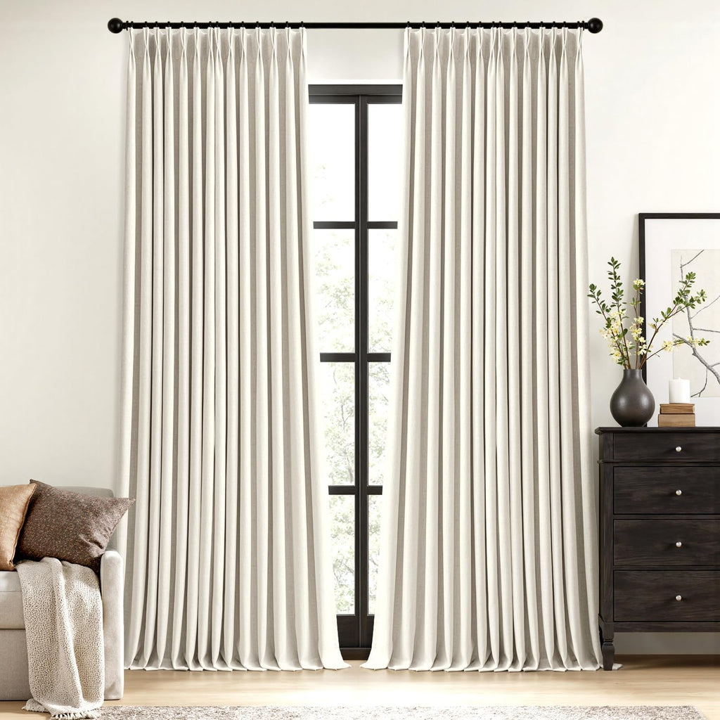 Natural Pinch Pleated 100% Blackout Linen Curtains, Room Darkening Light Blocking Window Curtains 84 inches Long