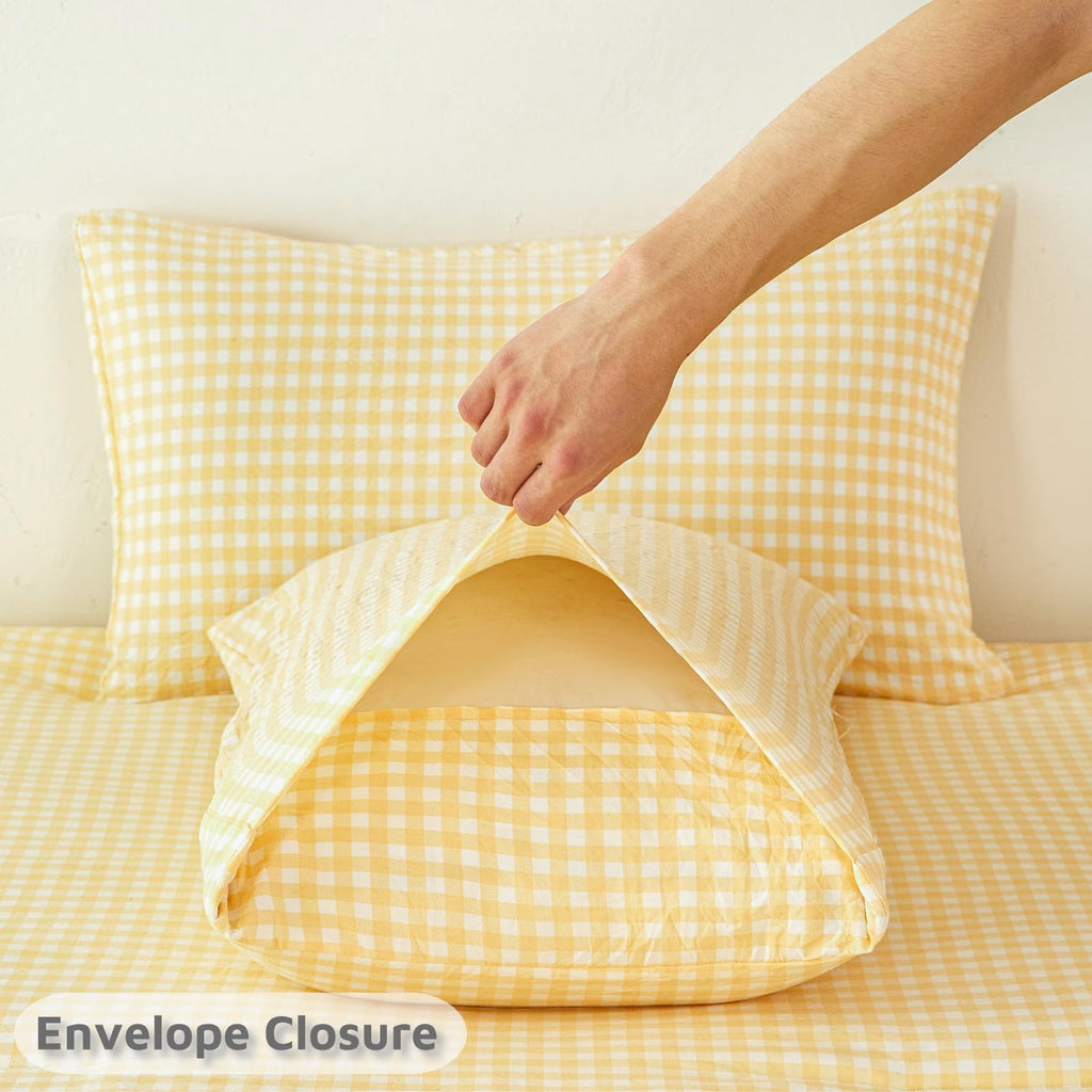 Gingham Bedding Sets 5Pcs Yellow Soft Plaid Bed in a Bag