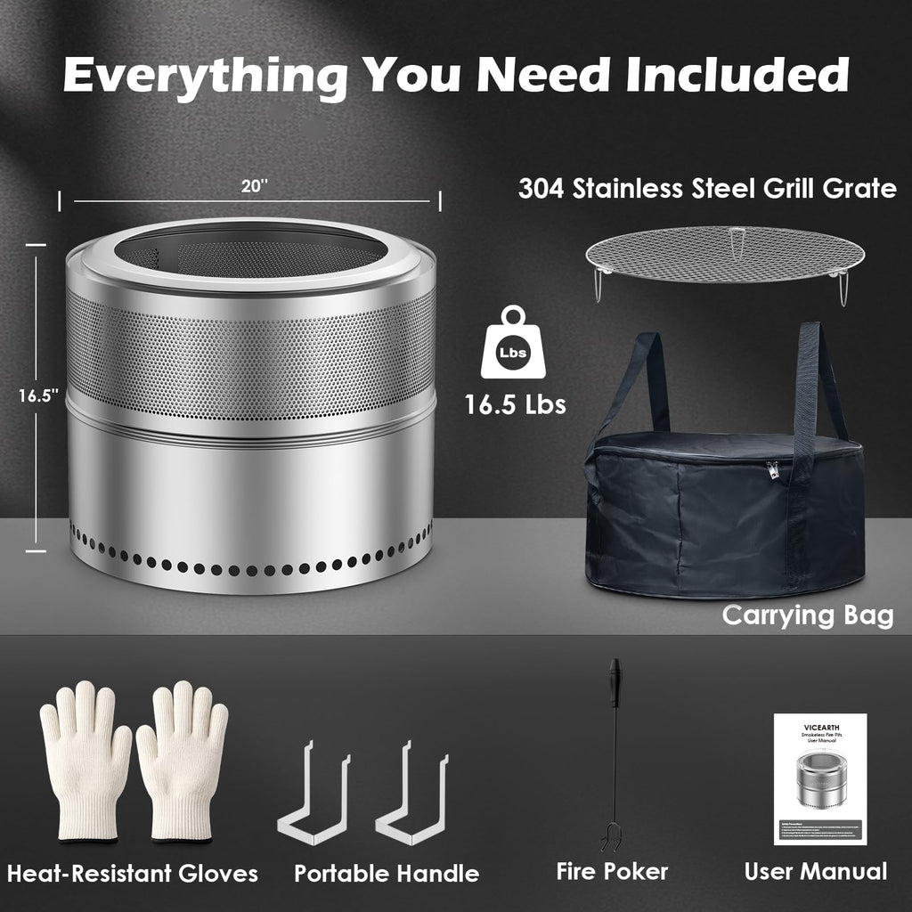 Smokeless Fire Pit 20 Inch, Portable Stainless Steel Firepit Outdoor