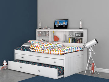 Twin Bookcase Daybed with 3 Drawers & Trundle White