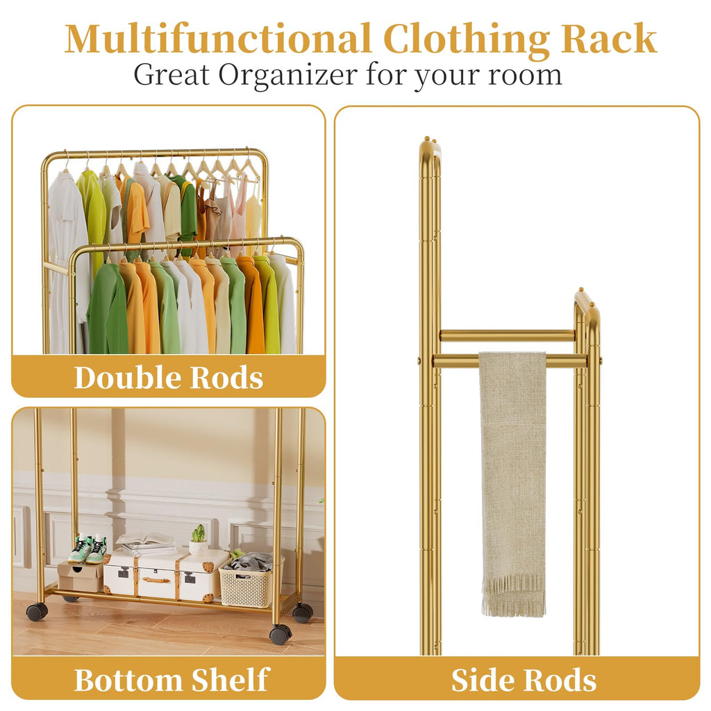 Trending Clothing Clothes Rack Double Rods with Wheels, Rolling Metal Garment Rack for Hanging, Gold