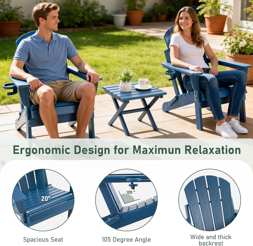 Folding Adirondack Chair, Outdoor HDPE Weather-Resistant Patio Chairs with Cup Holders, Plastic Chairs for Outside