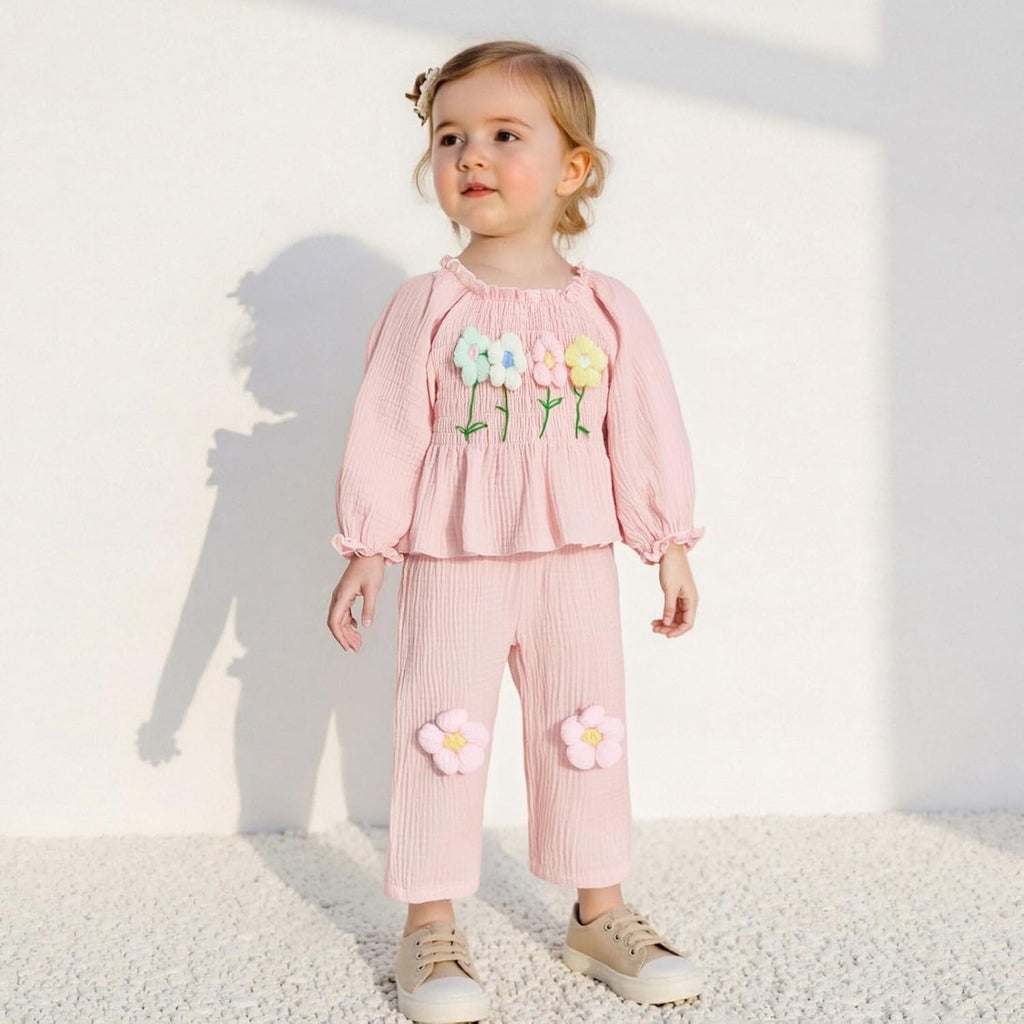 Toddler Baby Girl Outfits Infant Puff Sleeve Smocked Floral Tops Pants Cute Kids Girls Fall Winter Clothes Set