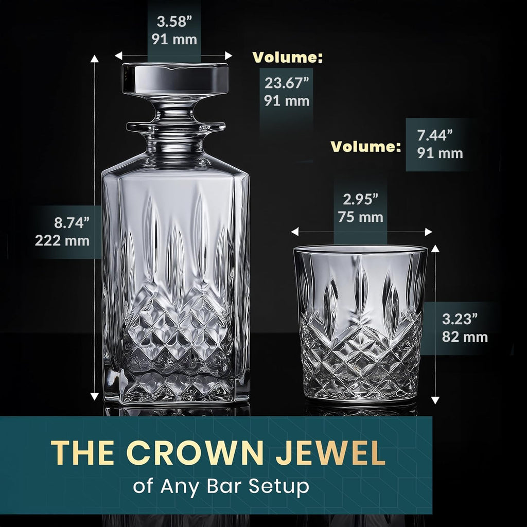 Whiskey Decanter Set for Men, Crystal Bourbon Decanter 24 oz with 4 Glasses - Set of 5