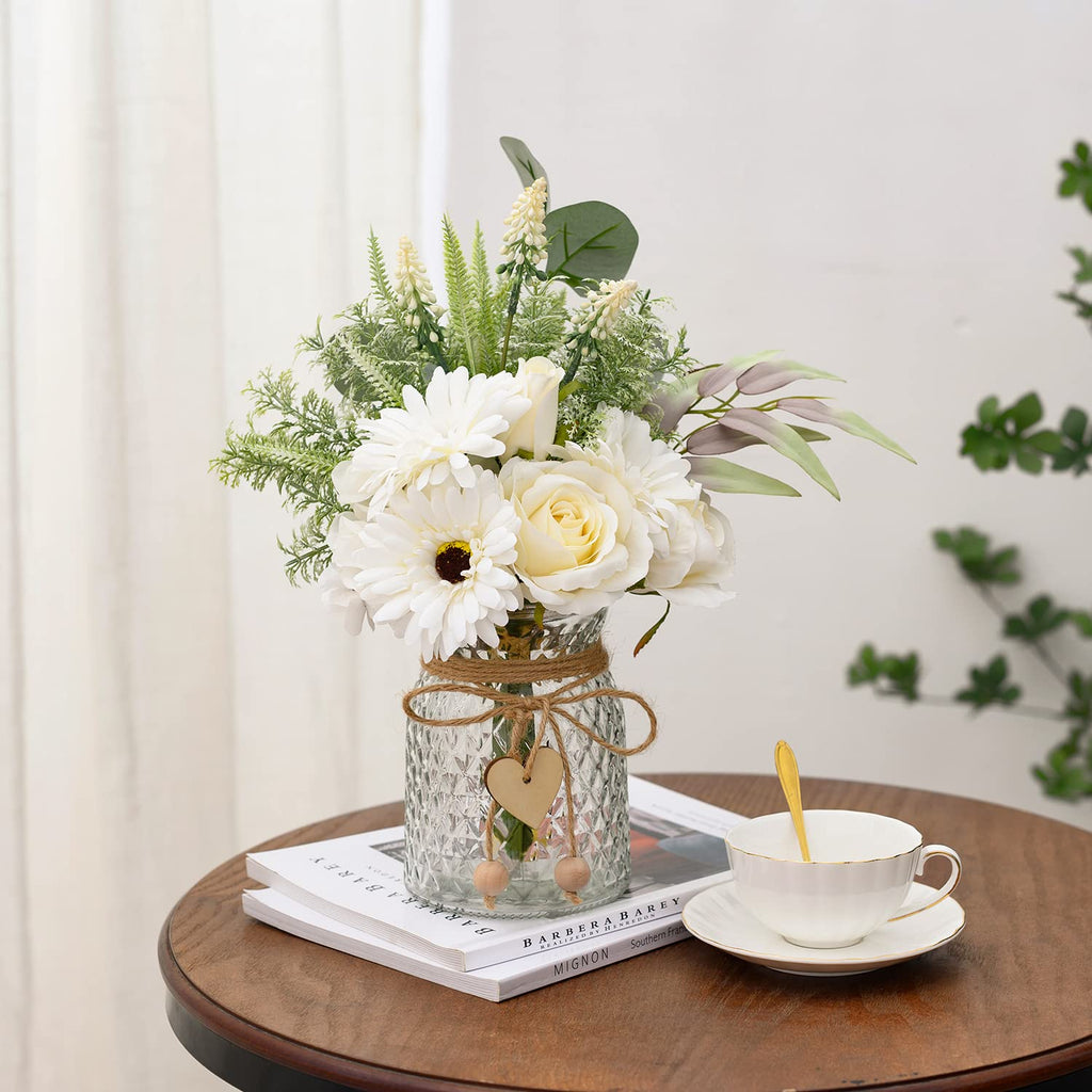 Artificial White Flowers with Vase, Fake Flowers Arrangement Decor, Faux Flowers for Farmhouse Coffee Table Decor