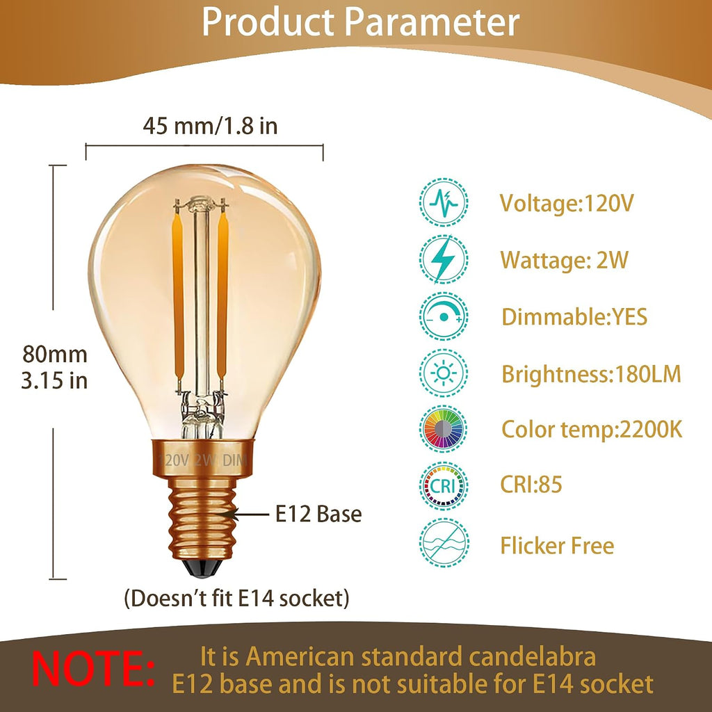 G45 Amber LED Light Bulbs 2W 120V E12 Dimmable Globe Decorative Light Bulbs 25 watt Equivalent Vintage Edison LED