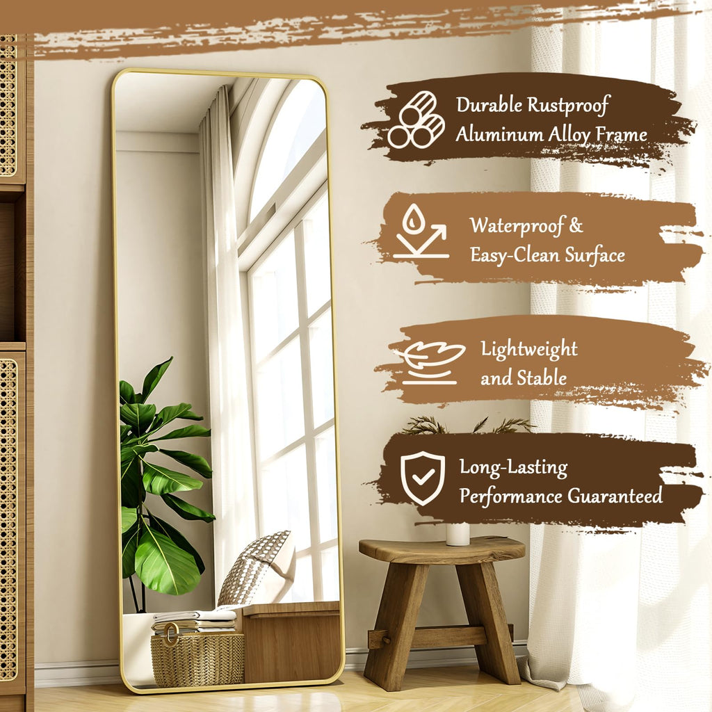 56"x21" Floor Full Length Mirror Standing Full Body Rounded Corner Rectangle Mirrors with Stand Hanging Wall Mounted
