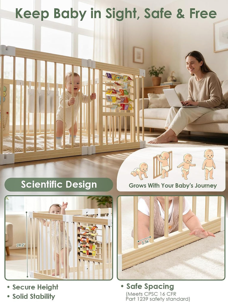 Foldable Baby Gate Playpen, Wooden Play Yard for Babies and Toddlers | Child-Safe Lock, Pre-Assembled for Quick