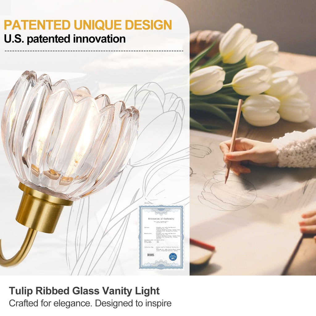 3-Light Bathroom Light Fixtures, 20" Brushed Gold Vanity Lights with Ribbed Clear Tulip Glass Shade, Vintage Wall
