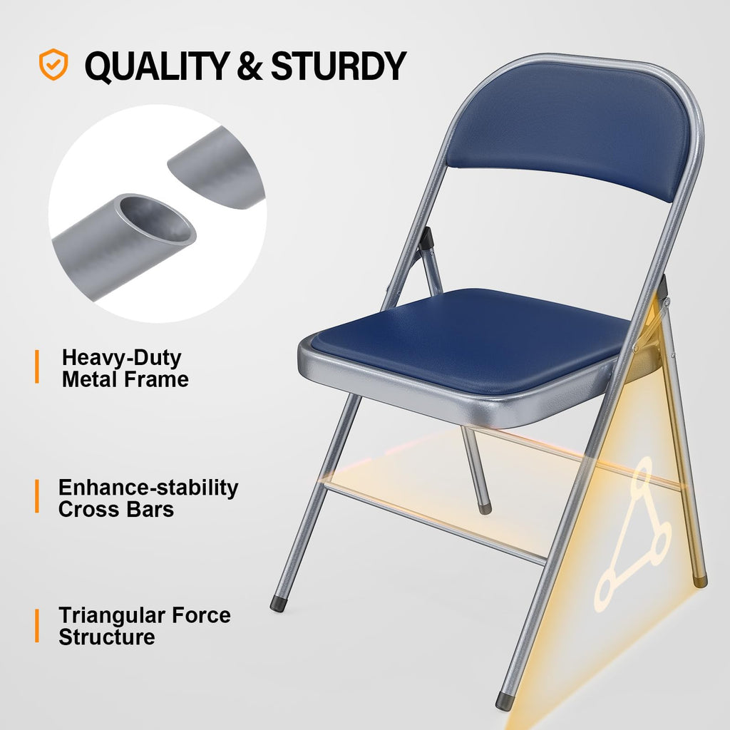 2 Pack Folding Chairs with Padded Seats, Metal Frame with Pu Leather Seat & Back, Capacity 350 lbs, Set of 2, Blue