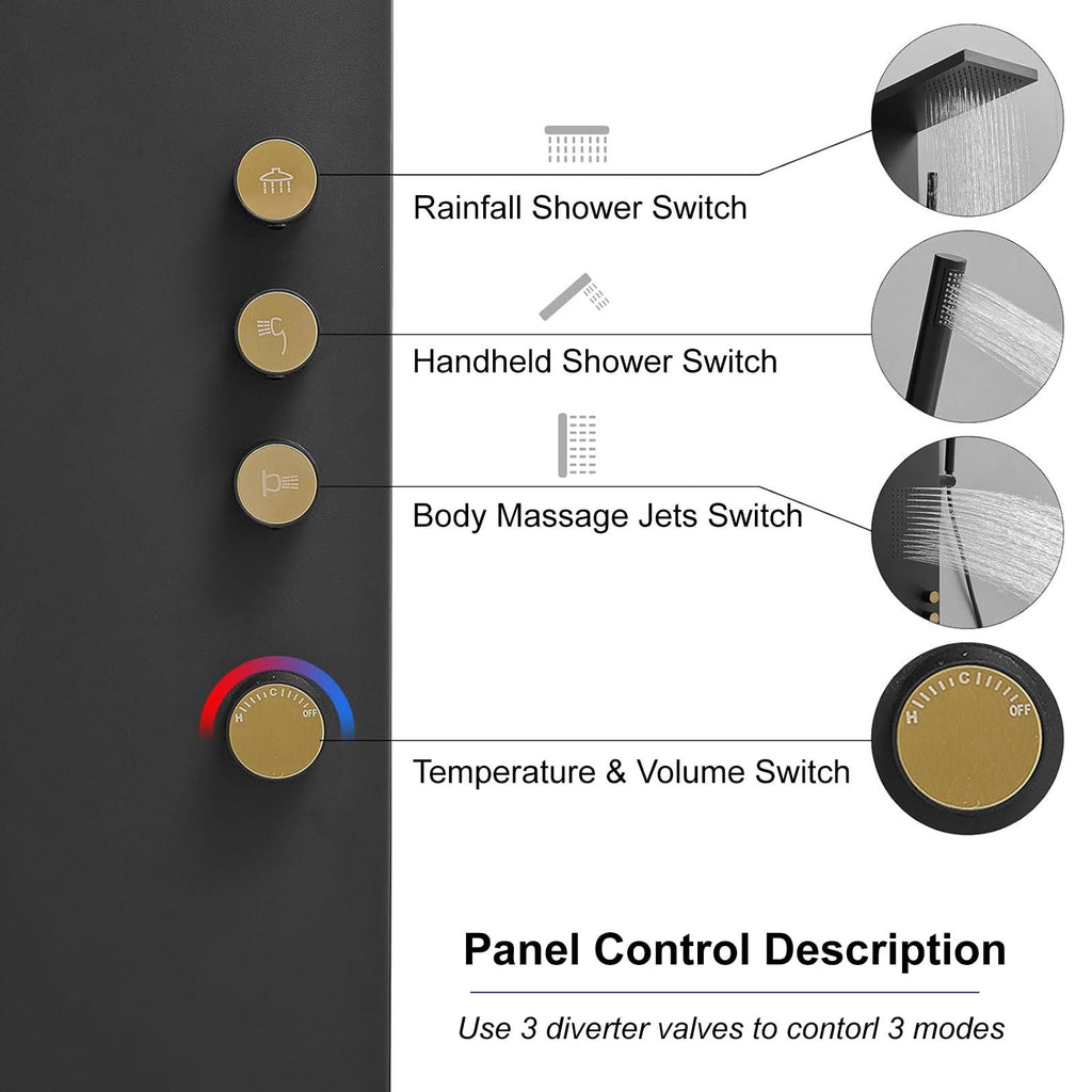 Shower Panel Tower System 3-Functions Wall Mount Black