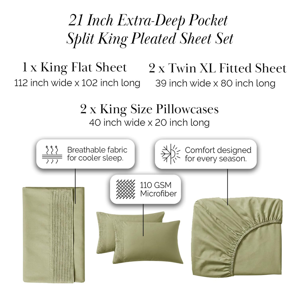 Fine Living Inc. Split King Bed Sheets 5-Piece Set | 21" Extra Deep Pocket with 2 Pillowcases | Hotel Luxury Quality