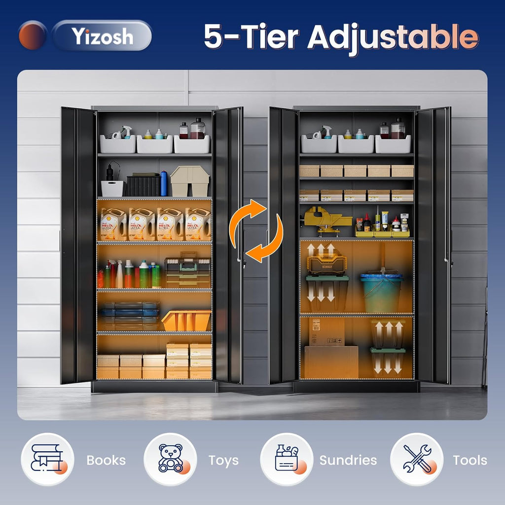 Metal Garage Storage Cabinet with 2 Doors and 5 Adjustable Shelves - 71" Steel Lockable File Cabinet,Locking Tool