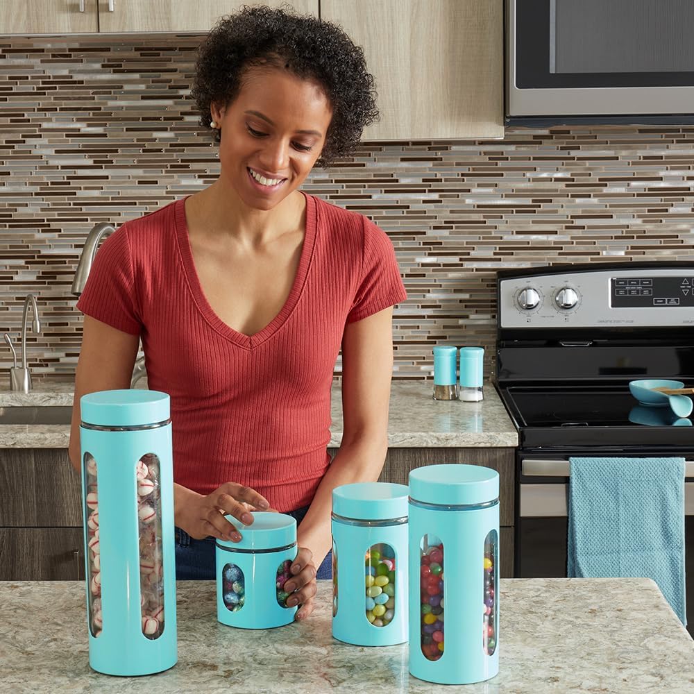 Kitchen Canisters Set For Countertop By | Retro-Styled Canisters Counter | Stainless Steel and Glass, See-Through - Set of 4