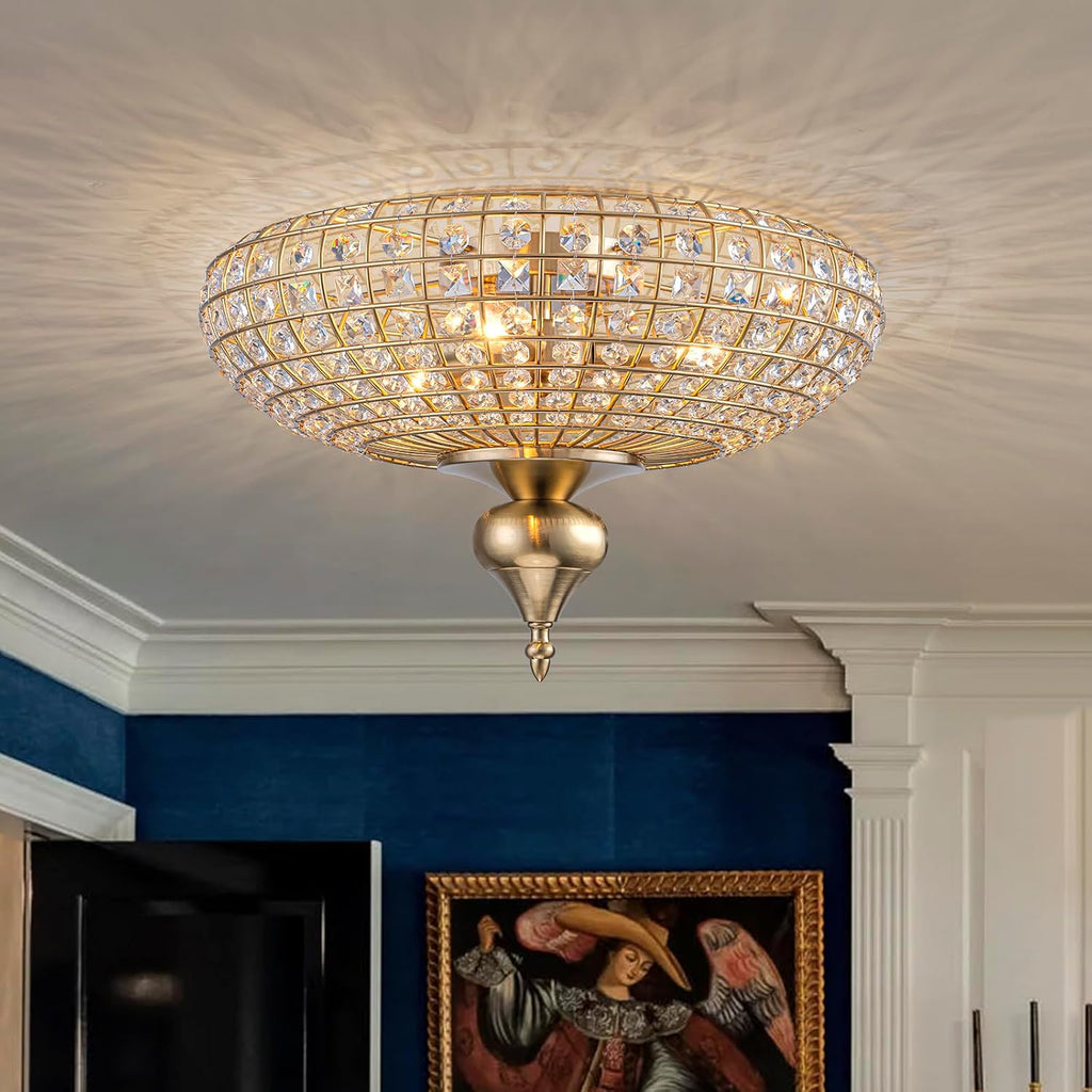 3-Light Vintage Crystal Ceiling Light Semi-Sphere Brass Chandelier with Handcut Beads,16" Antique Crystal Flush Mount