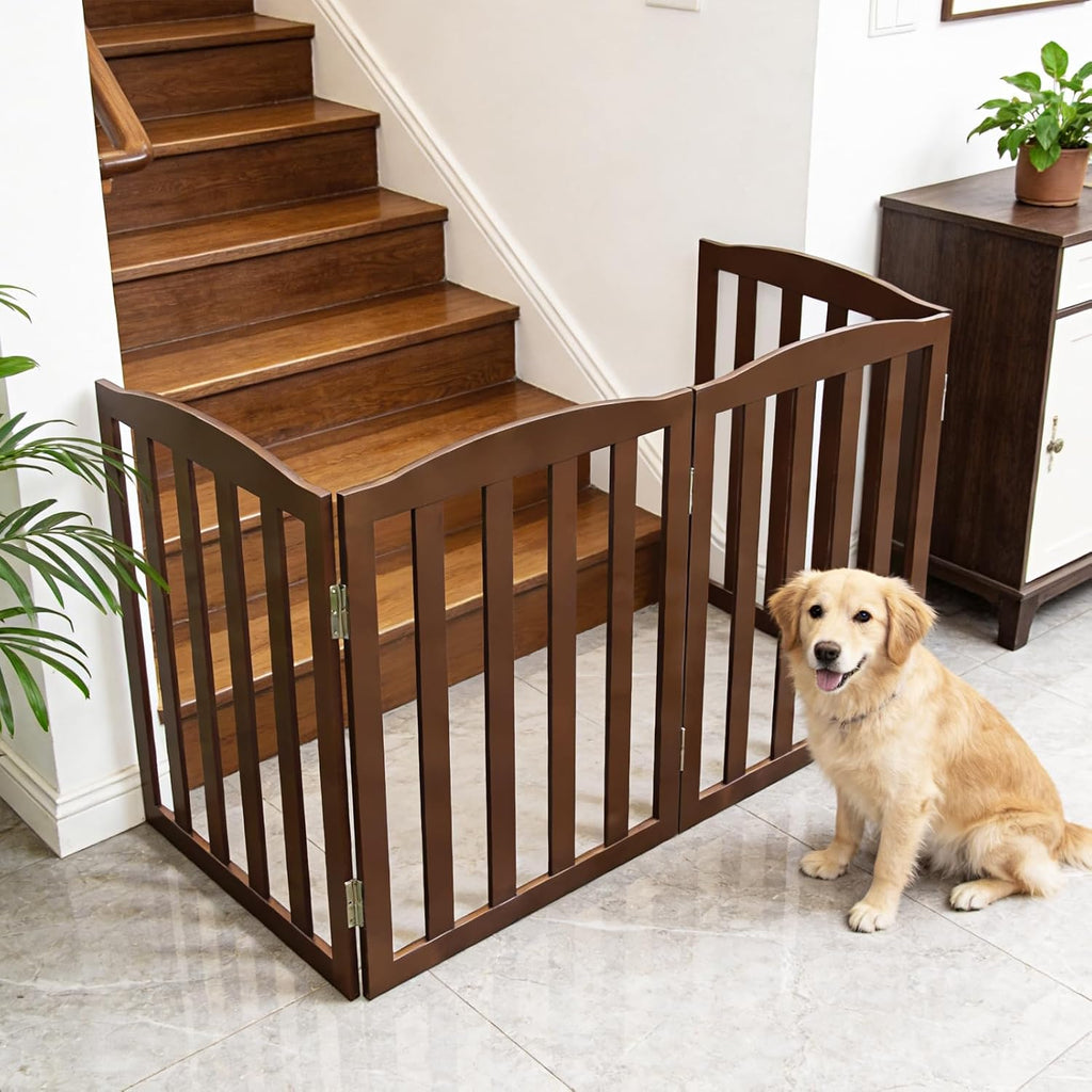 Freestanding Dog Gate Indoor, Doggie Gate Foldable Pet Gates for Doorways, Stairs or Hallways, Wooden Brown Pet Gate