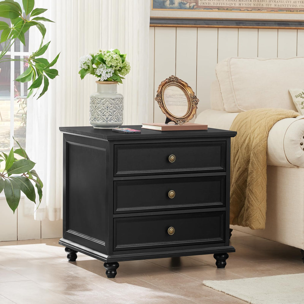 24" Wide Farmhouse Night Stand Set of 2, Large End Table with 3 Drawers & Metal Handle, Wood Cabinet, Bed Side Table