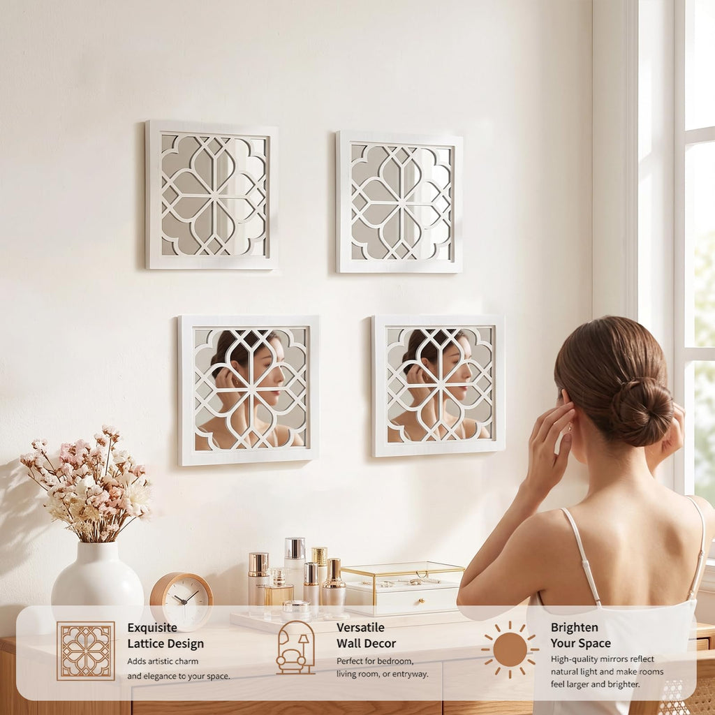 4 Set Rustic Wall Mirrors Bathroom Living Room Entryway Wood Farmhouse Square Easy to Hang Framed Decorative Accent