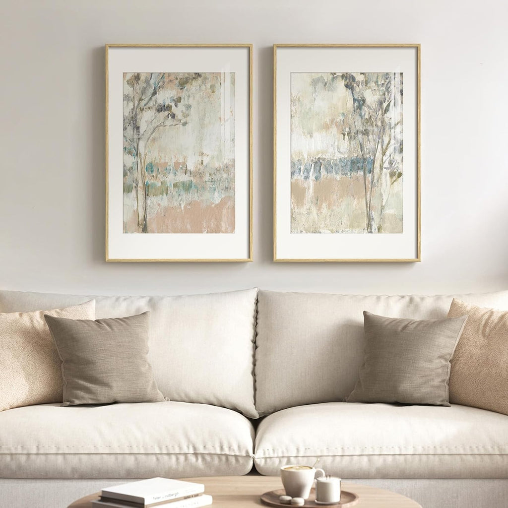 Framed Neutral Abstract Landscape Wall Art , Large Set of 2 Minimalist Tree Canvas Artwork for Walls, Modern Nature