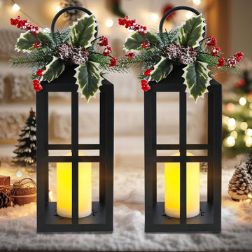 Christmas Lanterns Decorative Indoor Outdoor, 2 Pack Black Christmas Lantern, 18 Inch Timer Decorative Candle
