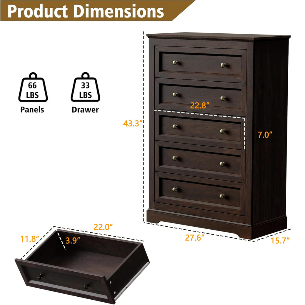 Farmhouse 5 Drawer, Bedroom Chest of Drawers, Dressers with 5 Drawers, Wooden Dressers, Tv Stand, Entryway(Vintage