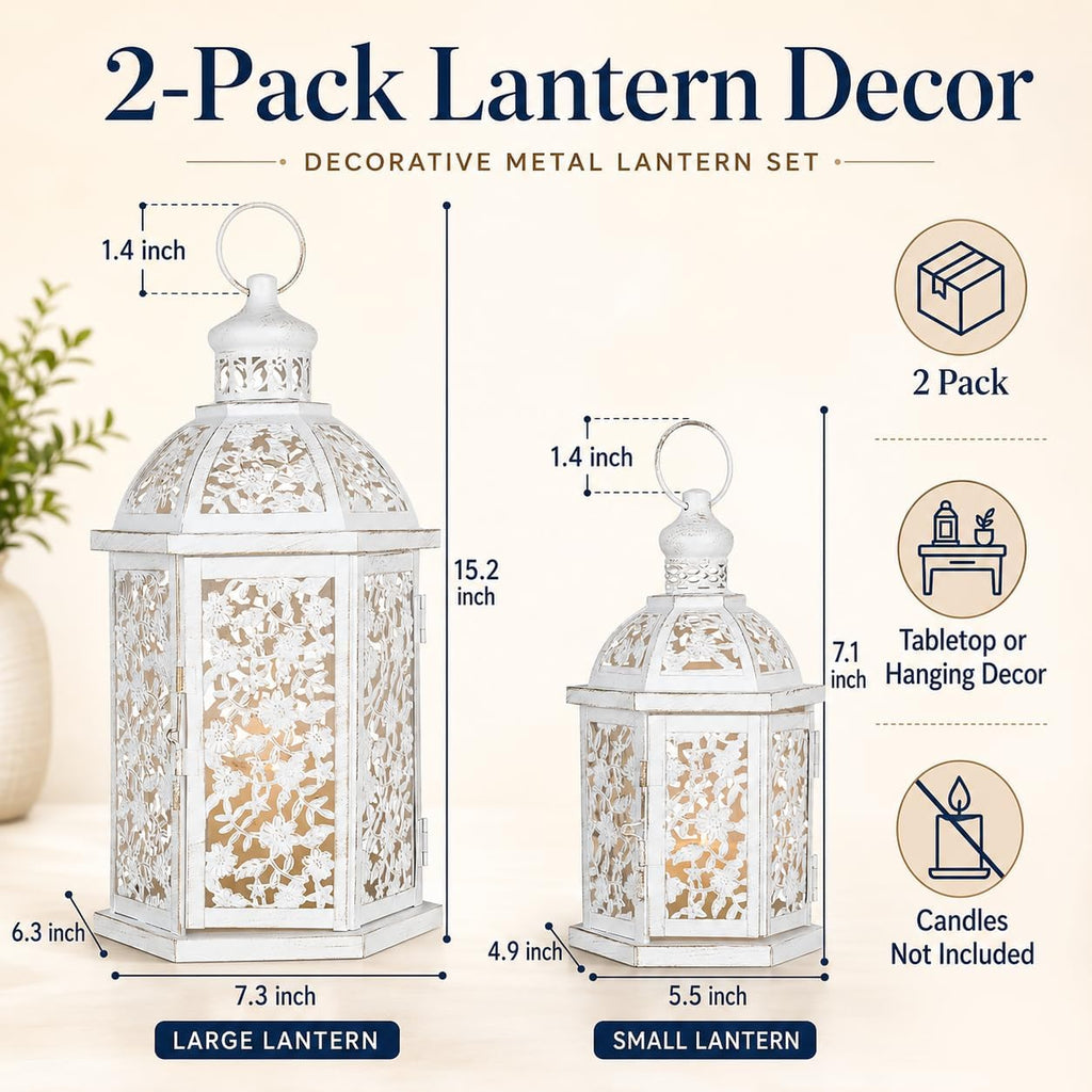 Lanterns Decorative Outdoor&Indoor, Set of 2 (15"&7") White Metal Lantern Decor, Candle Holder for Porch, Patio