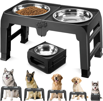 Elevated Dog Bowls for Large Dogs 5 Adjustable Heights 7.5"-15.4", 2 X-Large 10" Stainless Steel Bowls, Heavy Duty