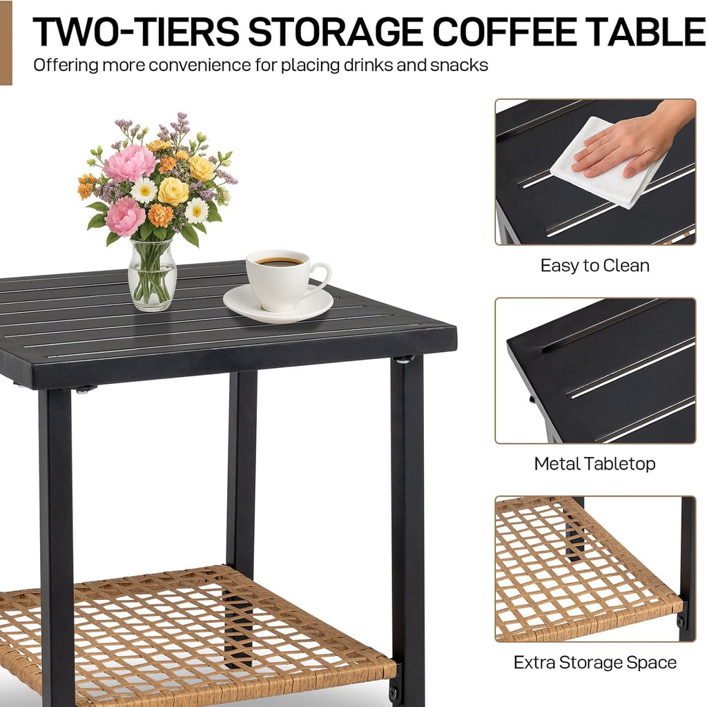 3-Piece Outdoor Rocking Bistro Set, Patio Furniture Set w/Soft Thick Cushions & 2-Tier Coffee Table, Rattan