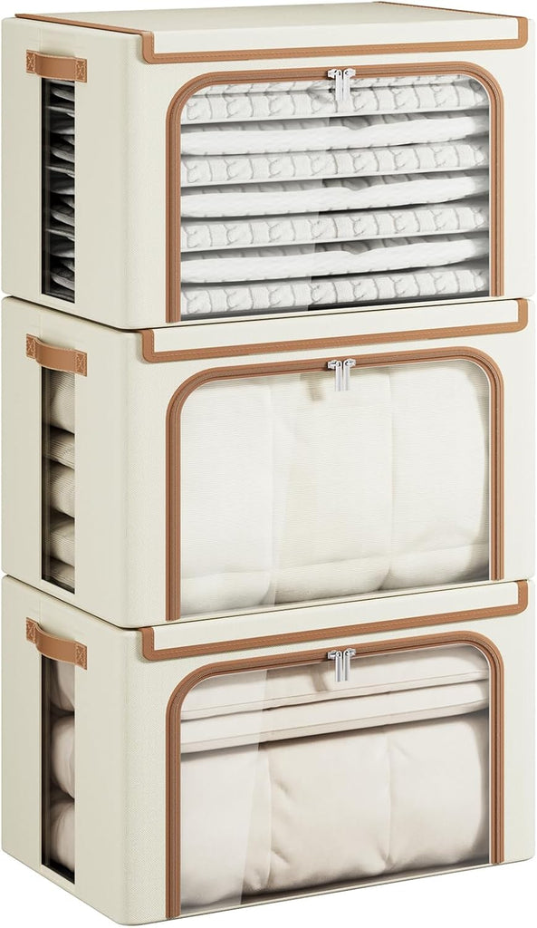 Clothes Storage Bins with Metal Frame, Foldable Clothing Storage Bin with Lid, Stackable Oxford Fabric Organizer Box