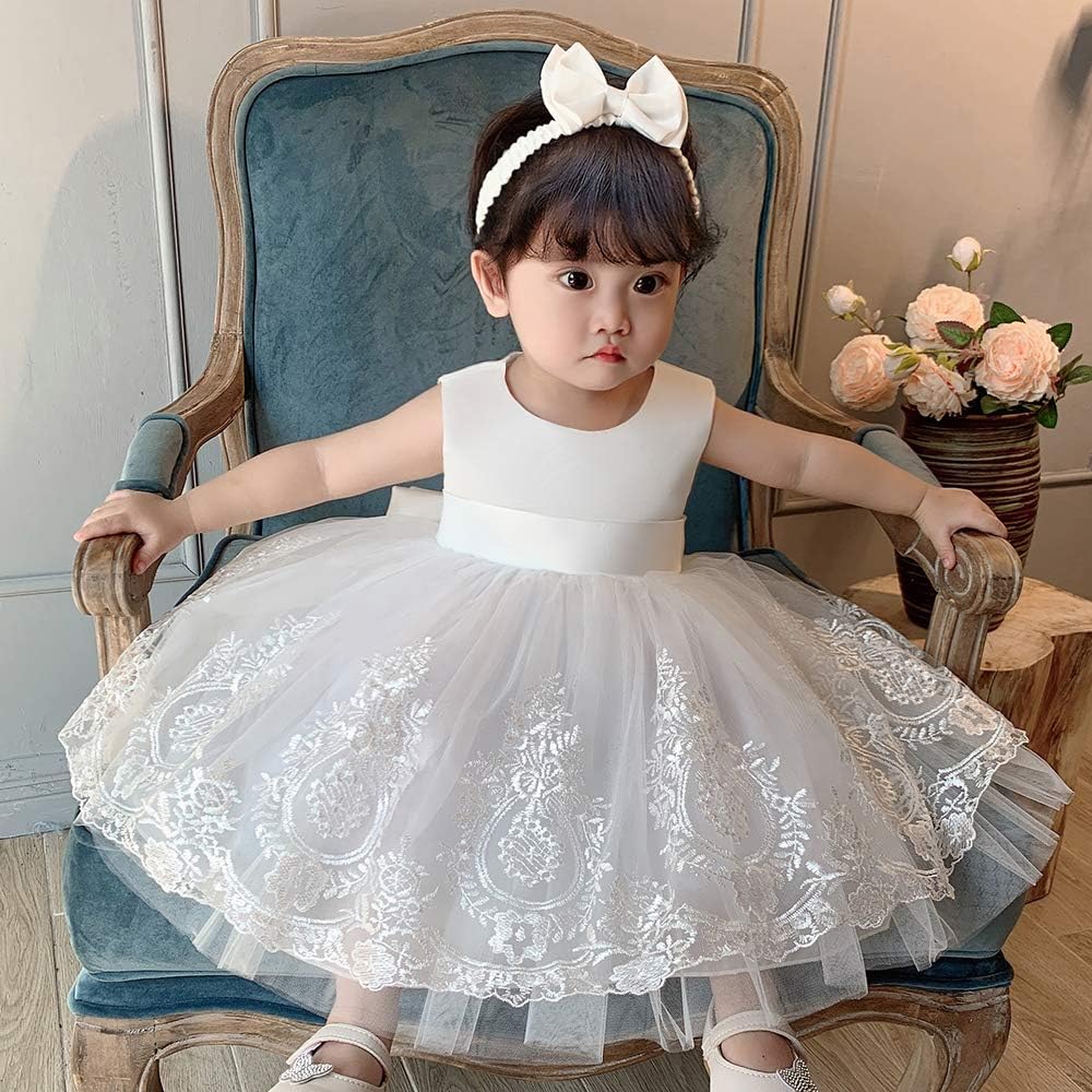 Big Bowknot Toddler Baby Girls Formal Dresses Pageant Party Lace Embroidery Dress with Headwear