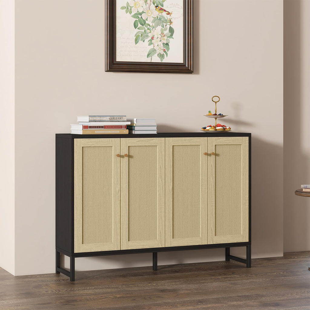 Sideboard Accent Storage Cabinet with Rattan Decorated 4 Doors Dining Room Freestanding Kitchen Buffet Table Cupboard
