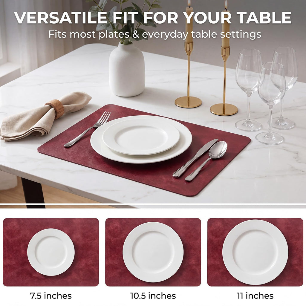 Fall Placemats Set of 6, Heat Resistant Faux Leather, Wine Red