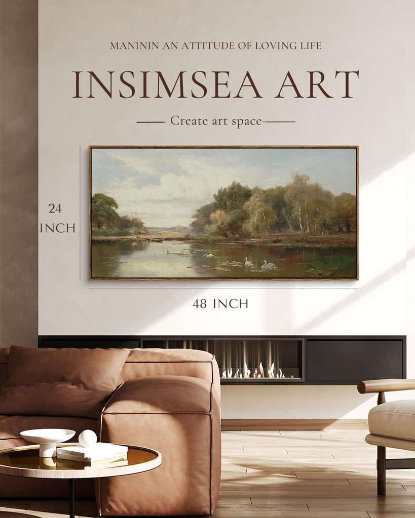 Extra Large Framed Vintage Wall Art, River Swans Prints, 24x48inch