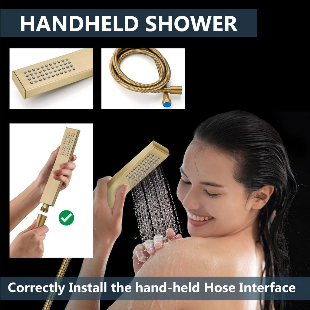 Ceiling Shower Faucet Set with Handheld 16" LED Head Brushed Gold