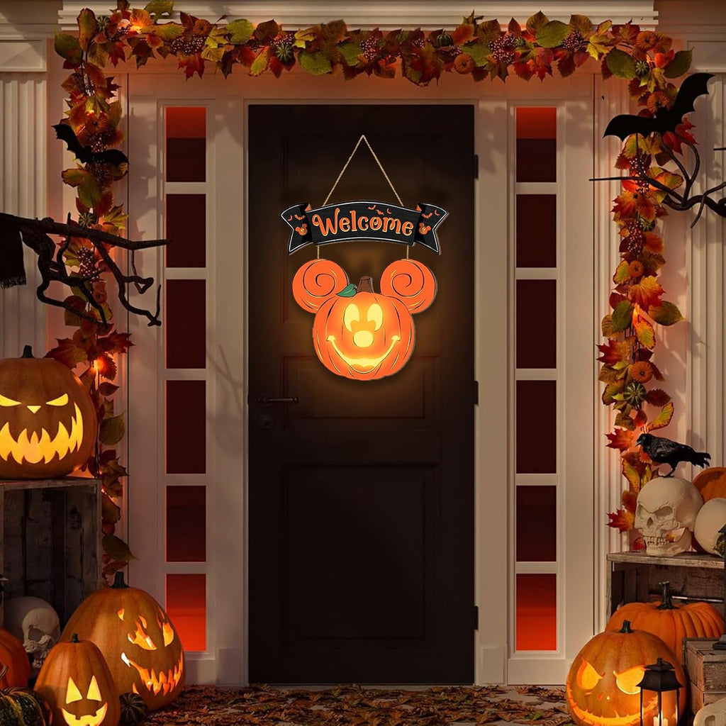 Halloween Mouse Pumpkin Wreath with Light for Porch Door Sign Decorations