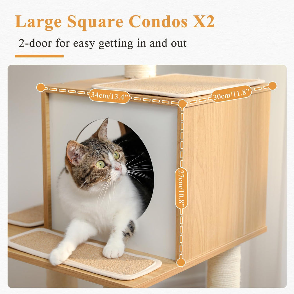 51" Cat Tower Dual Condos, Wooden Cat Tree with Perch&Hammock
