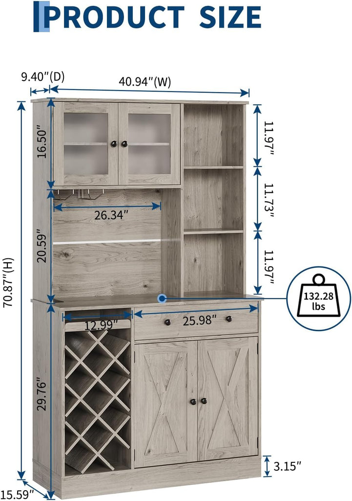 Contemporary Upright Storage Cabinet with Wine Bottle Rack | Built-in Outlet Spacious Shelves Multi-Functional