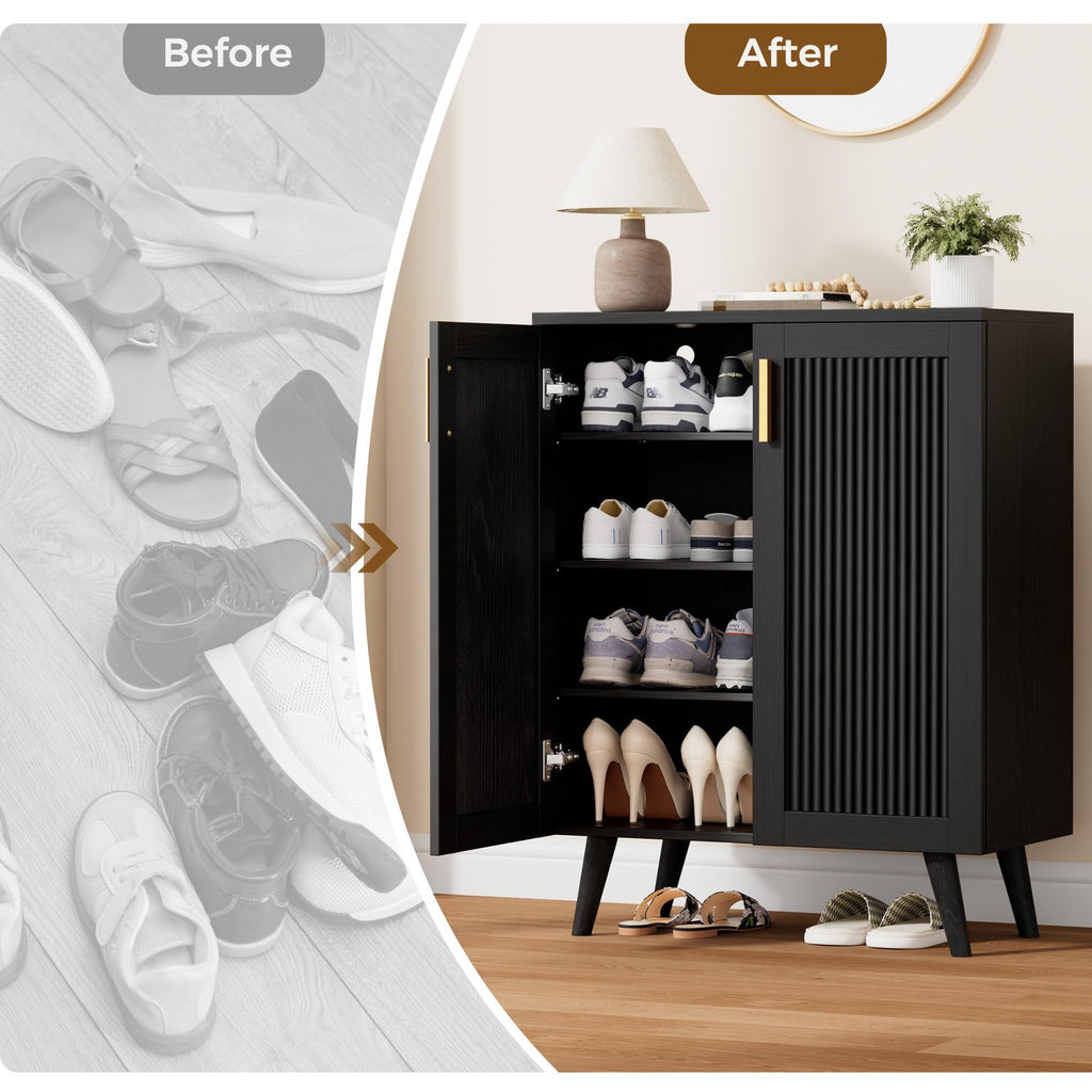 Fluted Shoe Cabinet with Doors, 4-Tier Entryway Shoe Storage
