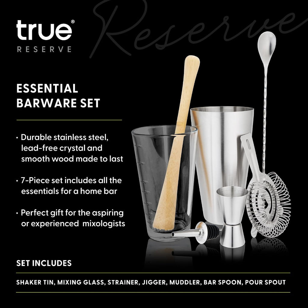 7-Piece Bartender Kit for Mixed Drinks and Cold Brew Cocktails, Includes Boston Shaker Tin, Mixing Glass, Jigger - Set of 7