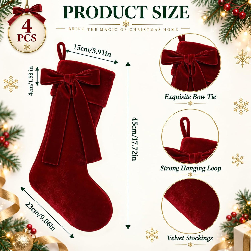 4 Pack 18 in Christmas Velvet Hanging Stocking Xmas Home Decoration