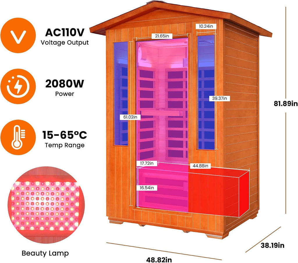 48.8" 2 Person Outdoor Infrared Sauna Room,Fir & Red Cedar Wood Home Spa Cabin,8 Epoxy Heating Panels,2000W,LED