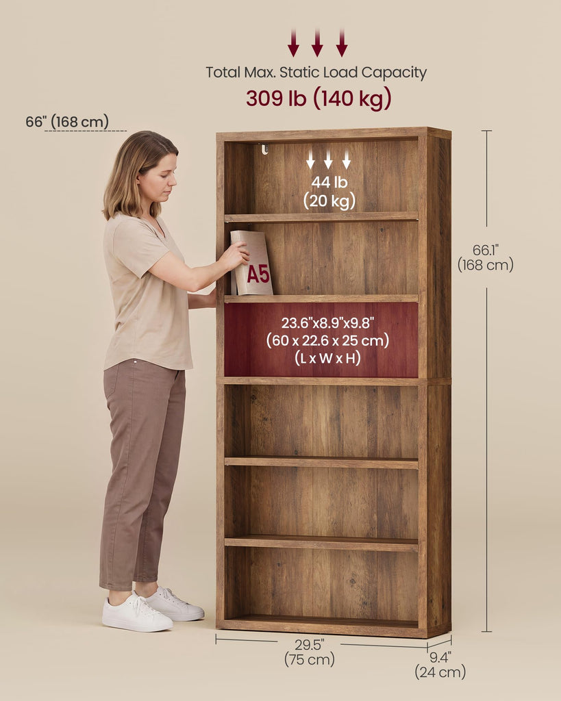 6-Tier Bookshelf, Minimalist Bookcase with Adjustable Shelves