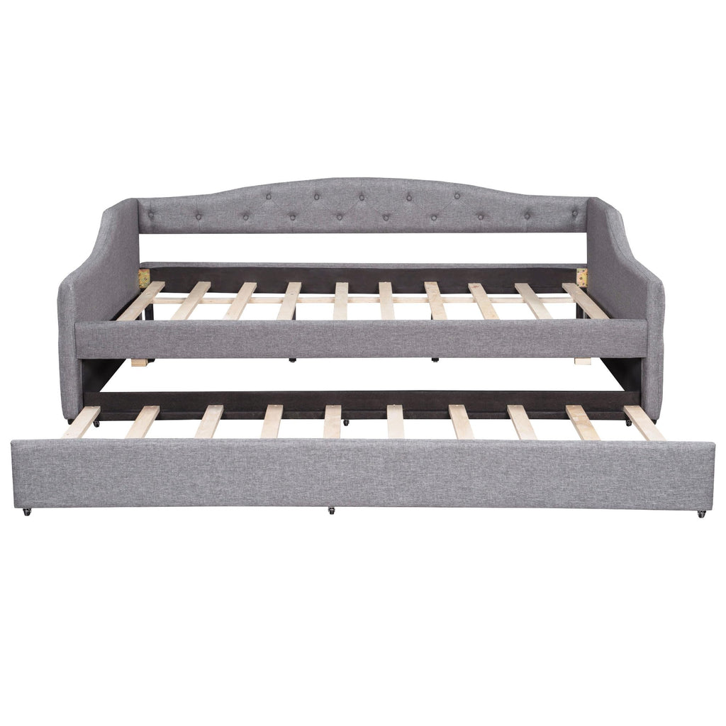 Full XL Upholstered Daybed with LED Lights, Corner Daybed Frame with Trundle, Linen, Gray