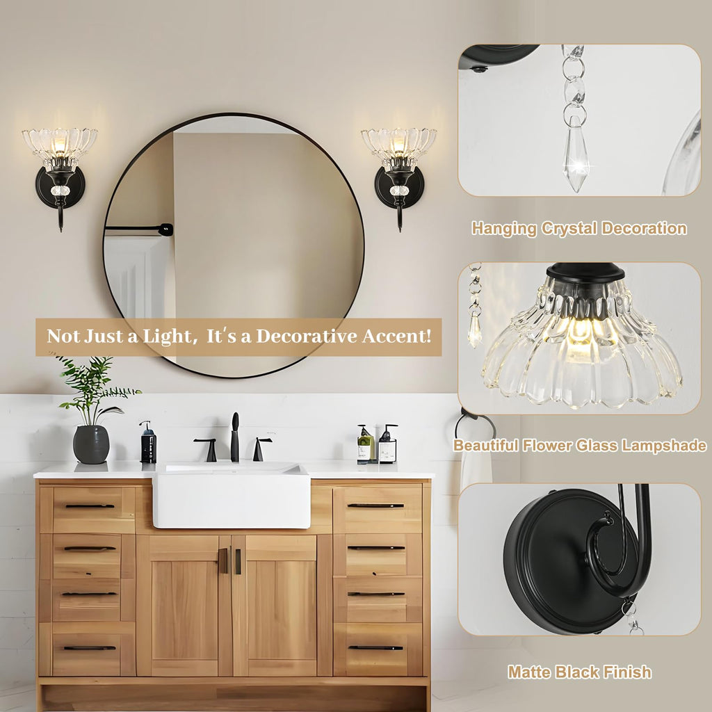 1 Piece Black Wall Sconce, 1-Light Black Farmhouse Wall Sconce with Hanging Crystal Accents and Flower-Shaped Clear